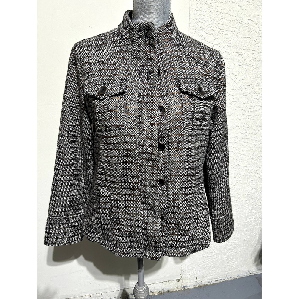Sophisticated Chico's Blazer Jacket Size 1 Black, Brown, and White Tweed